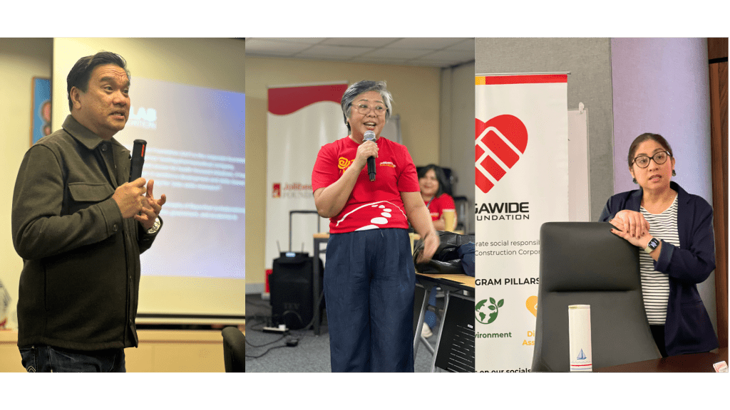 From left to right: Mr. Eduardo "Jon' G. Policarpio, Jr., Director of Operations of Unilab Foundation; Ms. Gisela Tiongson, President of Jollibee Group Foundation; and Atty. Mia Castro, Consultant at Megawide Corporate Foundation